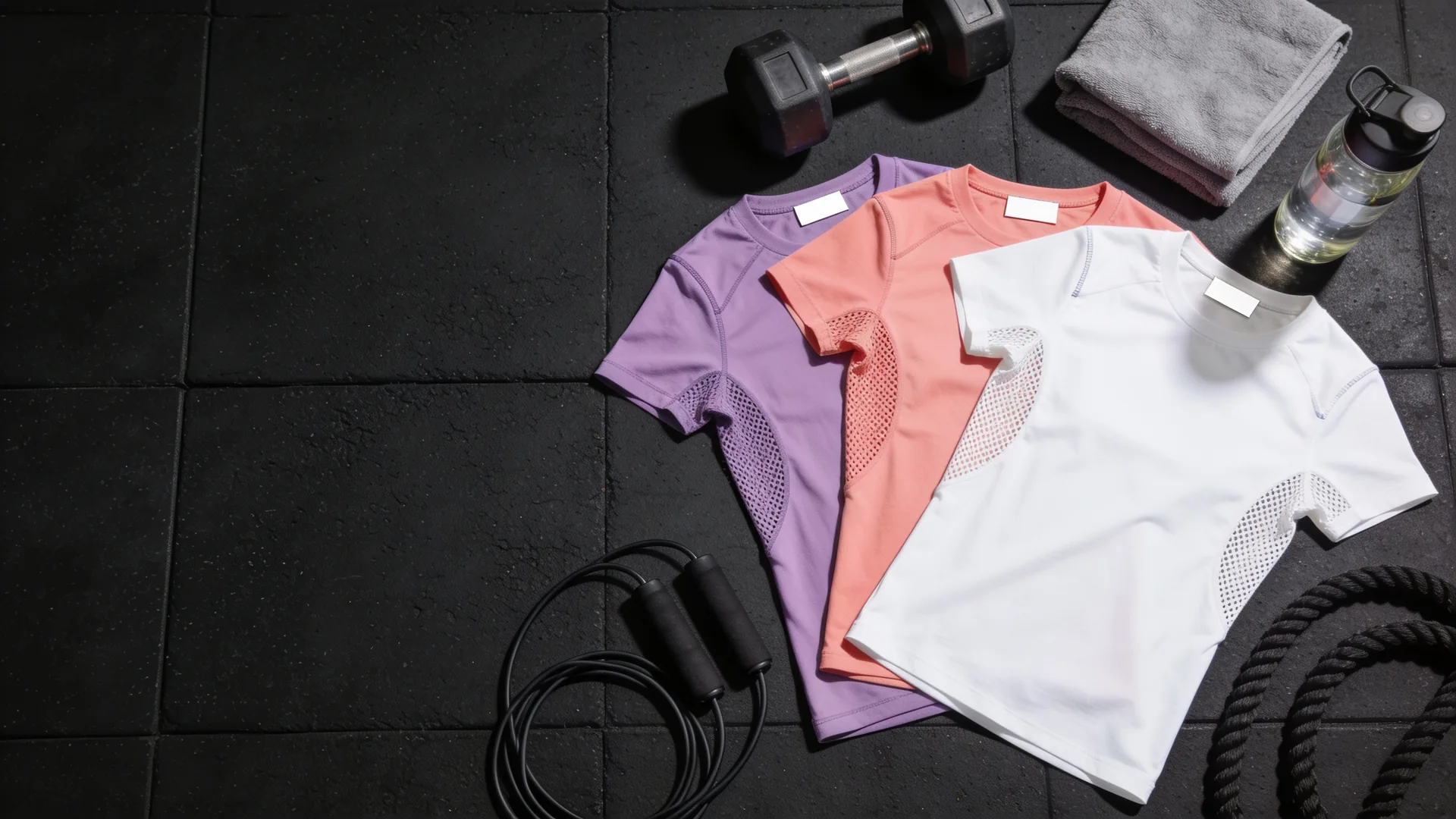 Três camisetas técnicas de treino, lisas e com etiqueta em branco, em lavanda, coral e branco, com painéis laterais de tela respirável, sobre piso de borracha de academia ao lado de halter, corda de pular, toalha e garrafa