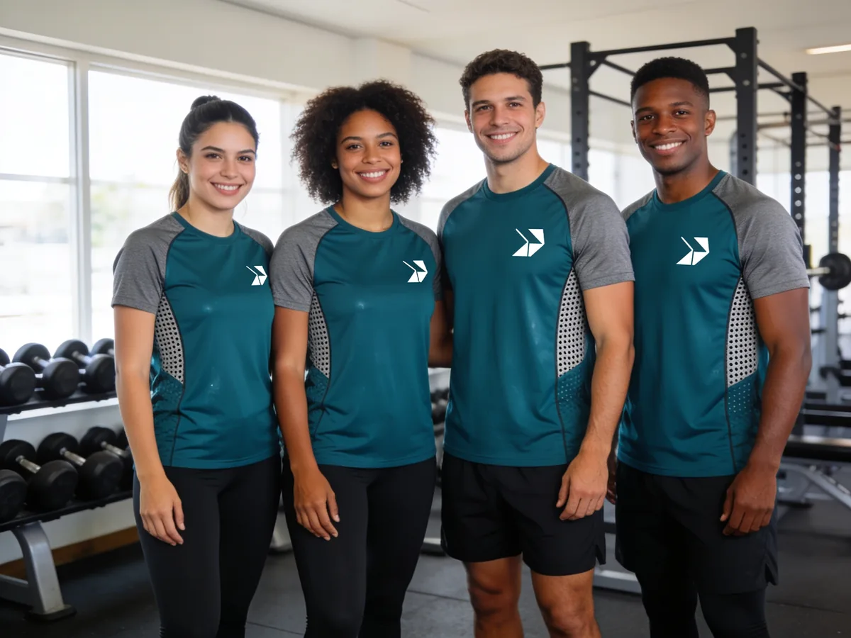 Equipe de quatro professores de academia na sala de musculação, todos com o mesmo uniforme: camiseta dry fit verde-petróleo com manga raglan cinza, tela respirável nas laterais e o emblema da academia estampado em branco no peito
