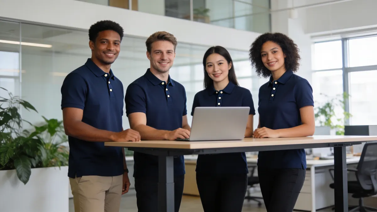 Equipe de quatro profissionais em um escritório, reunida em volta de uma mesa alta com notebook, todos com o mesmo uniforme: camisa polo lisa azul-marinho, sem logotipo