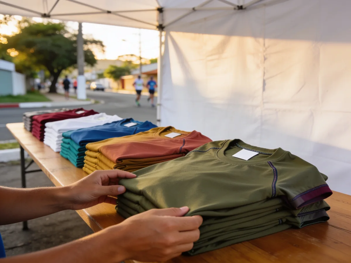 Pilhas de camisetas dry fit dobradas em várias cores, com etiqueta em branco, na mesa de retirada de kit de uma corrida de rua