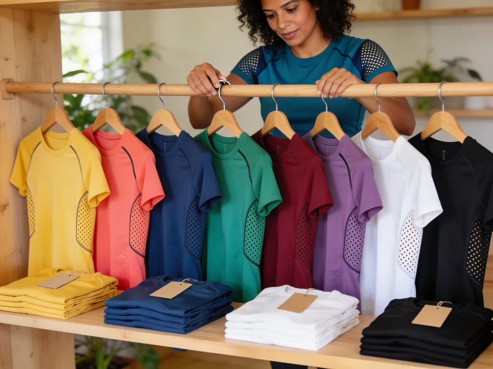 Lojista organizando uma arara de camisetas dry fit em degradê de cores, com painéis laterais de tela e tags em branco